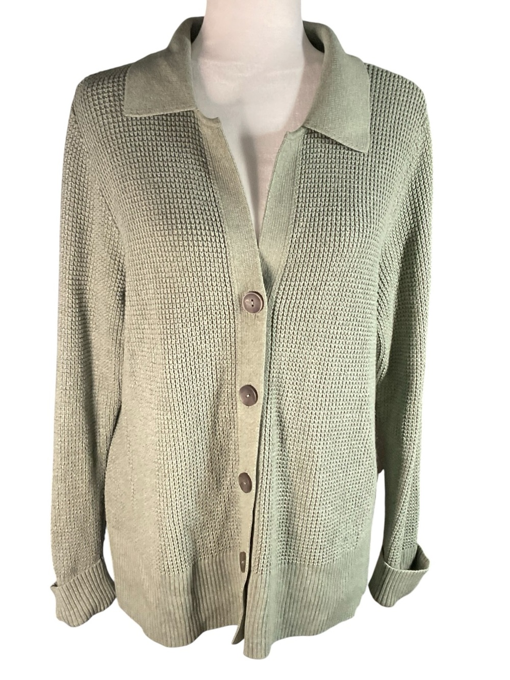 J. Jill Olive Green Waffle Knit Cardigan Sweater Size M Shawl Collar Button Up